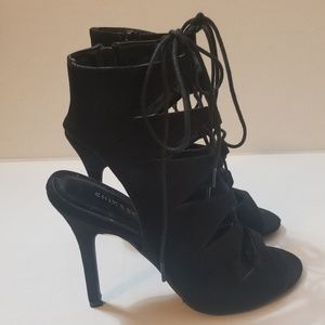 Chinese Laundry Peep Toe Pumps Black Lace, zipper/